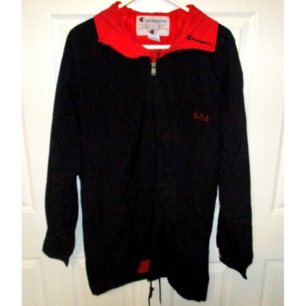 VTG 1990s Champion USA Wrestling Hooded Black Jacket Y2K Mens XL‎ READ